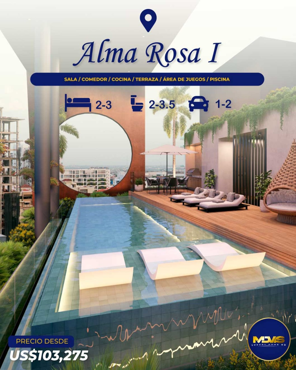 apartamentos - SE VENDE APARTAMENTO MODERNO EN TORRE DE ALMA ROSA I CON PISCINA INFINITY