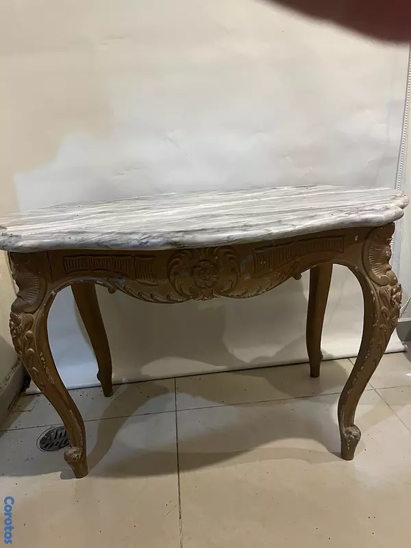 arte y antigüedades - Centro de mesa en madera antique con tope mármol  3