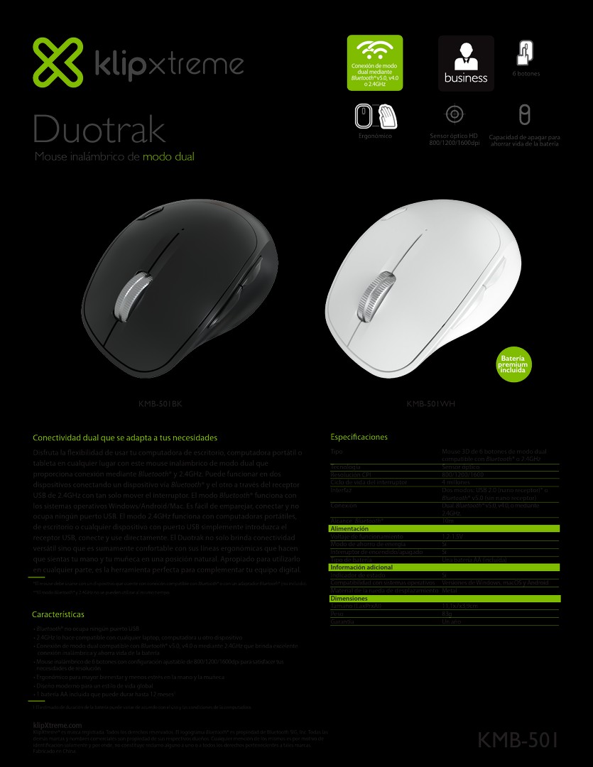 computadoras y laptops - MOUSE KLIPX KMW-501BK ERGONOMICO (DUOTRAK), inalámbrico y BLUETOOTH, 2.4GHZ 