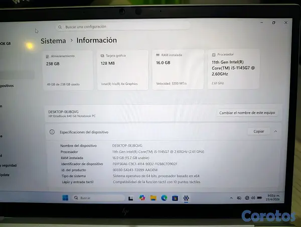computadoras y laptops - Hp EliteBook 840 G8 Intel Core i5 11th Gen 16GB RAM NVMe 256GB  3