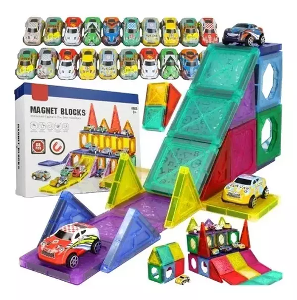 juguetes - Juguete Bloques Magnéticos 3d Pista 20 Autos De 68