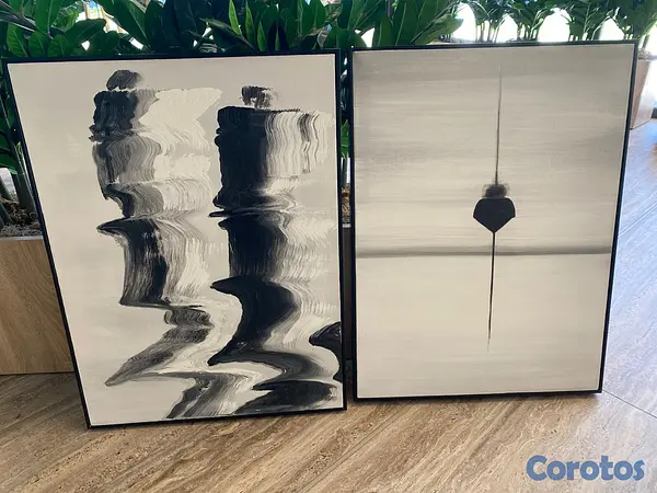 arte y antigüedades - Cuadro Abstracto Blanco y Negro. Marco de madera c 2