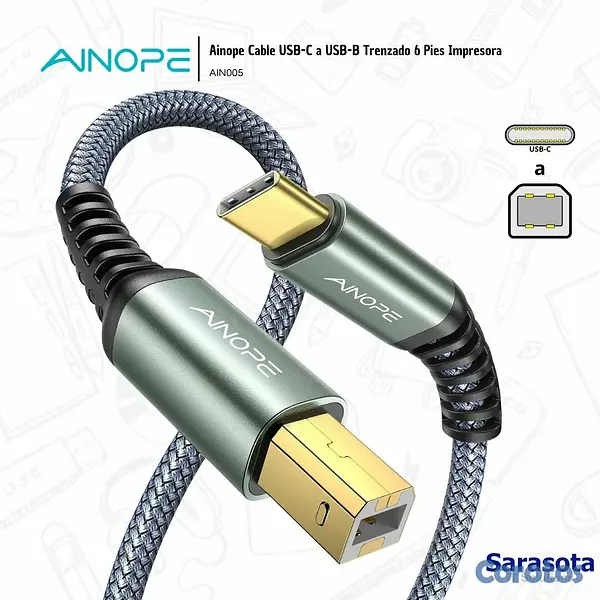 accesorios para electronica - Ainope Cable USB-C a USB-B Trenzado Impresora 2