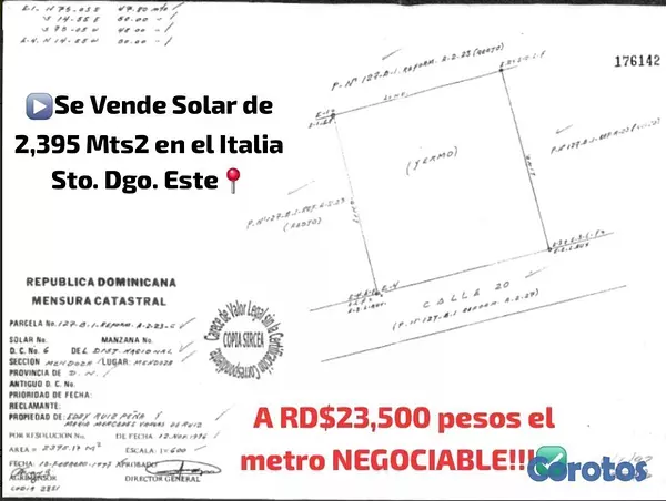 solares y terrenos - Solar en la Urb. Italia Santo Domingo Este de 2395 2