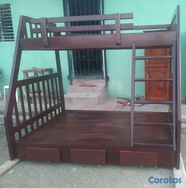 muebles y colchones - Camarote de dos niveles con gavetas color caoba  2