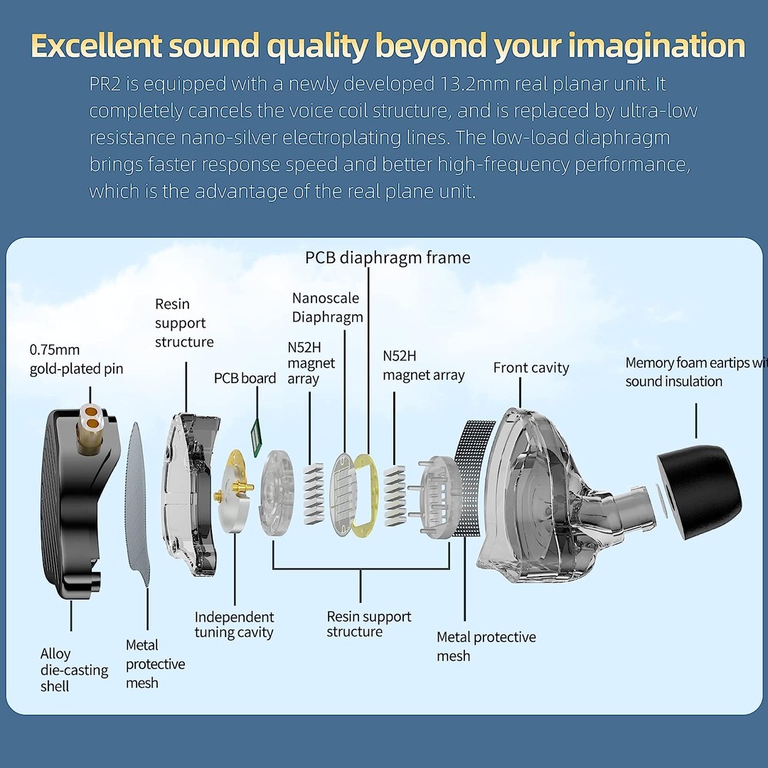 camaras y audio - KZ X HBB PR2 IEM 13.2mm Planar Driver cable desmontable 2 pines 0.75mm jack 3.5 2