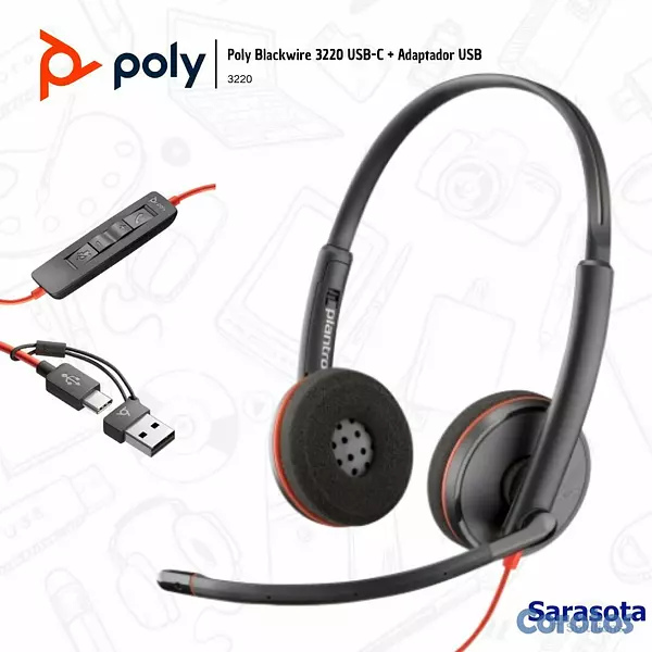 accesorios para electronica - Poly Audífono Blackwire 3220 USB-C + Adaptador USB 3