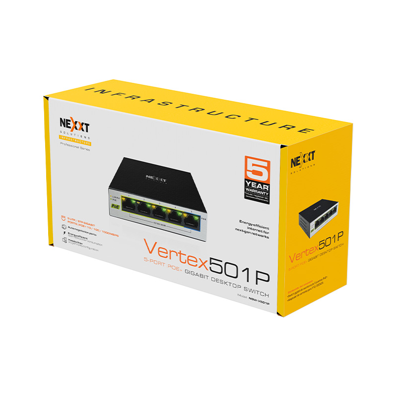 accesorios para electronica - SWITCH NEXXT  5 PUERTOS POE+ GIGABIT, 65W MAX