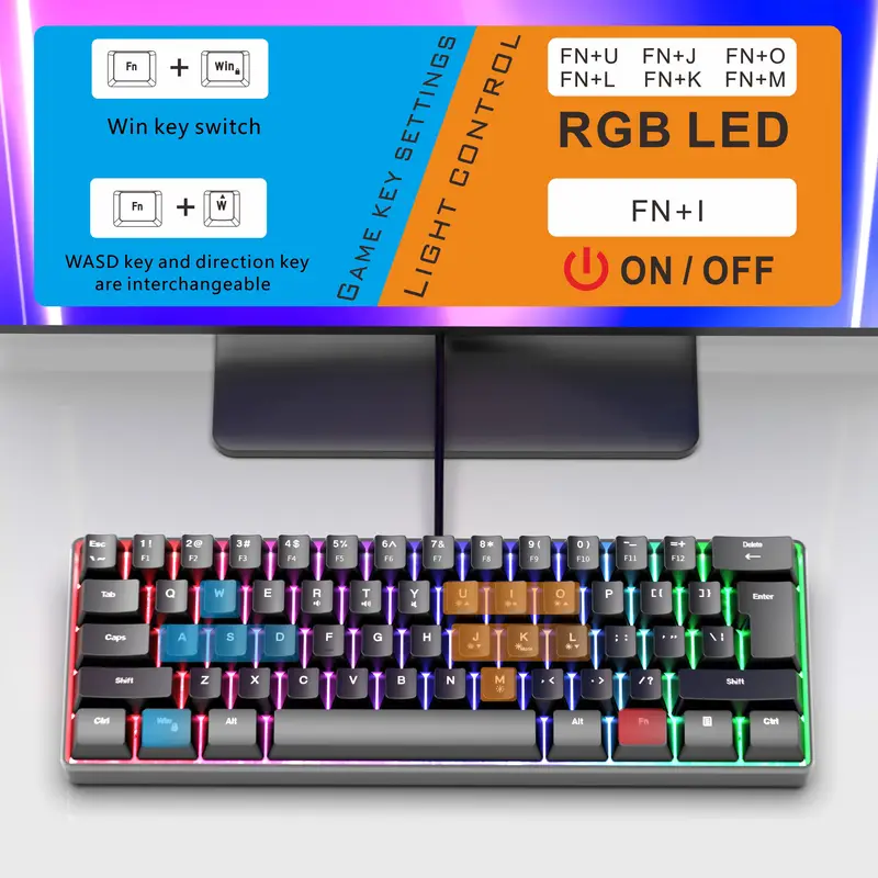accesorios para electronica - Teclado Luminoso Gamer USB De Juego RGB, Mini 60% 