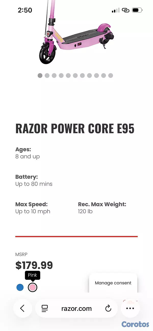 bicicletas y accesorios - RAZOR POWER CORE E95 patineta electrica edad 8+ nueva rosada 2
