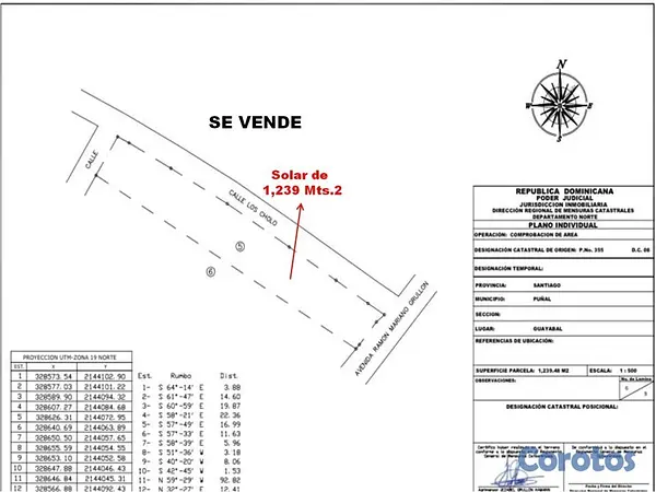 solares y terrenos - Vendo Solar 1,239 Mts.2en Guayabal, SANTIAGO, AV.  6