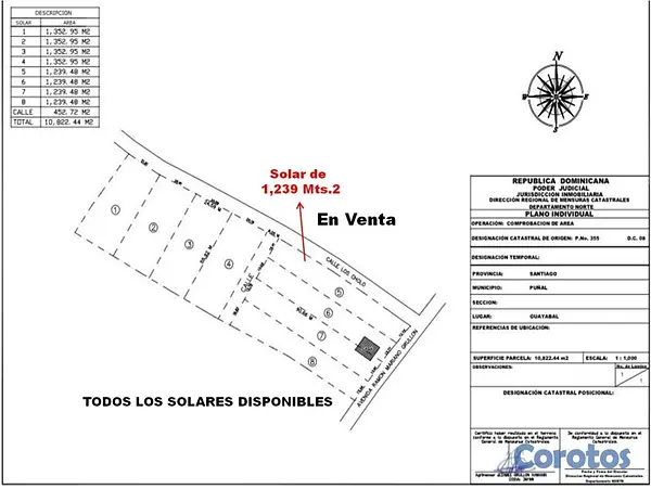 solares y terrenos - Vendo Solar 1,239 Mts.2en Guayabal, SANTIAGO, AV.  7