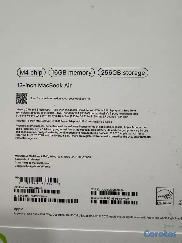 computadoras y laptops -  LAPTOP MACBOOK AIR M4 CHIP 256GB SSD + 16GB RAM 1 2