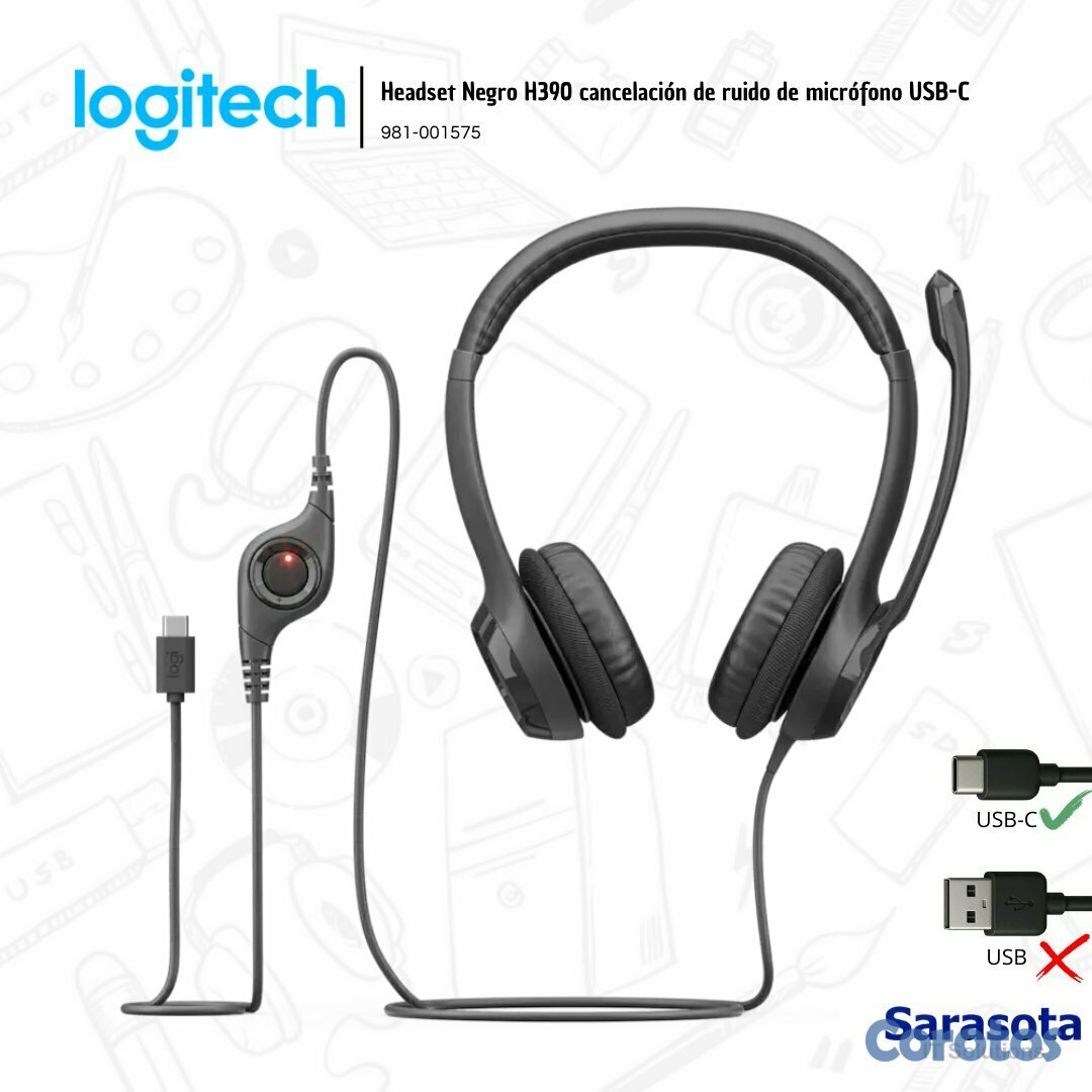 camaras y audio - Logitech Audífono H390 con micrófono USB-C Negro ( 3