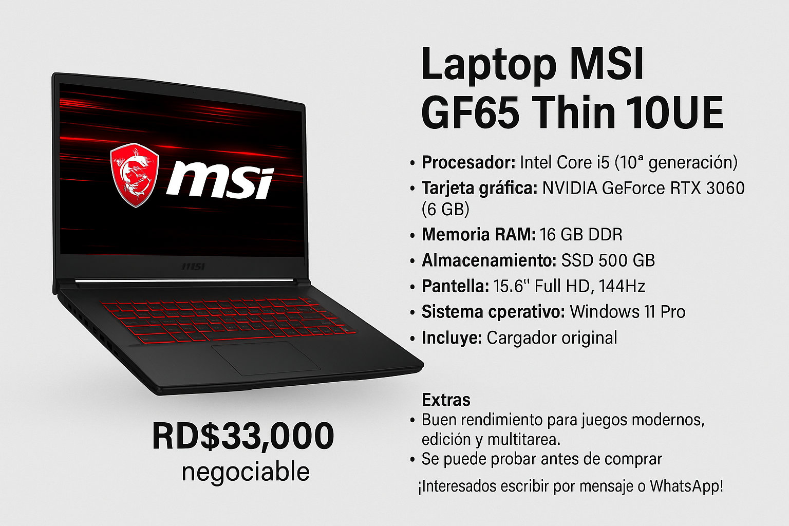 consolas y videojuegos - Vendo laptop MSI GF65 Thin 10UE en excelente estado. Potente y ligera!!! 0