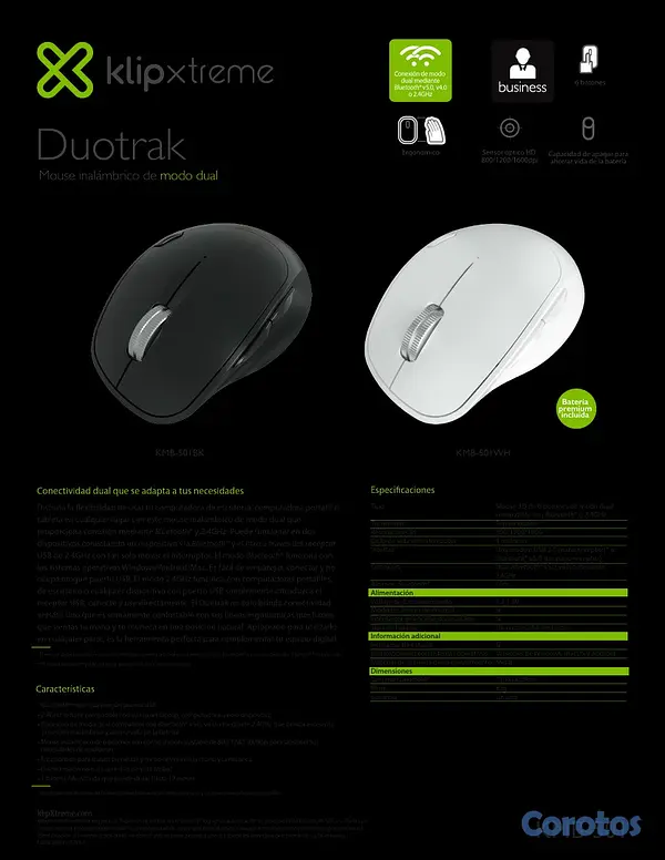 computadoras y laptops - MOUSE KLIPX KMW-501BK ERGONOMICO (DUOTRAK), inalámbrico y BLUETOOTH, 2.4GHZ 