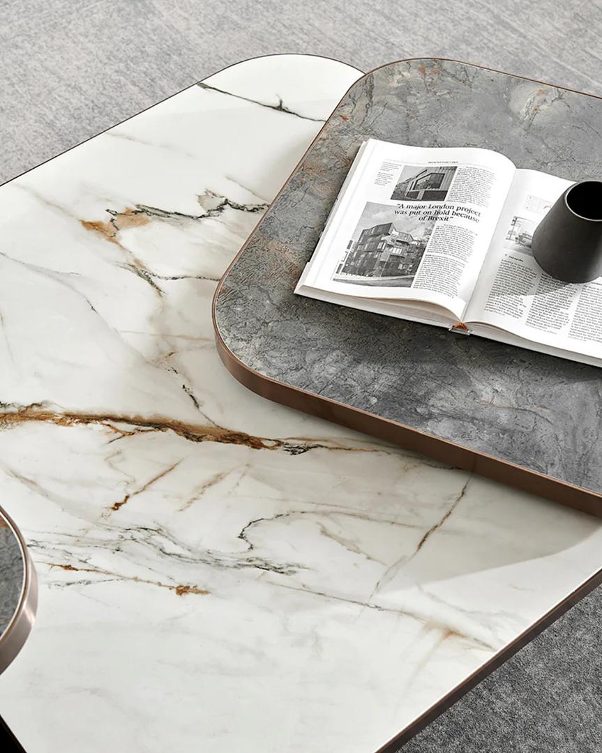 decoración y accesorios - MESA DE CENTRO ILUMEL CON TOPE EN CERAMICA GRIS Y BLANCO BASE TONALIDAD MARRON 3