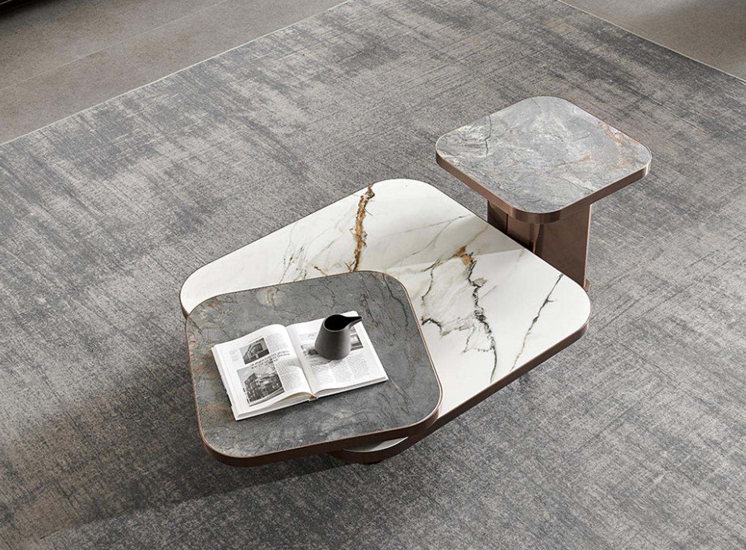 decoración y accesorios - MESA DE CENTRO ILUMEL CON TOPE EN CERAMICA GRIS Y BLANCO BASE TONALIDAD MARRON 1