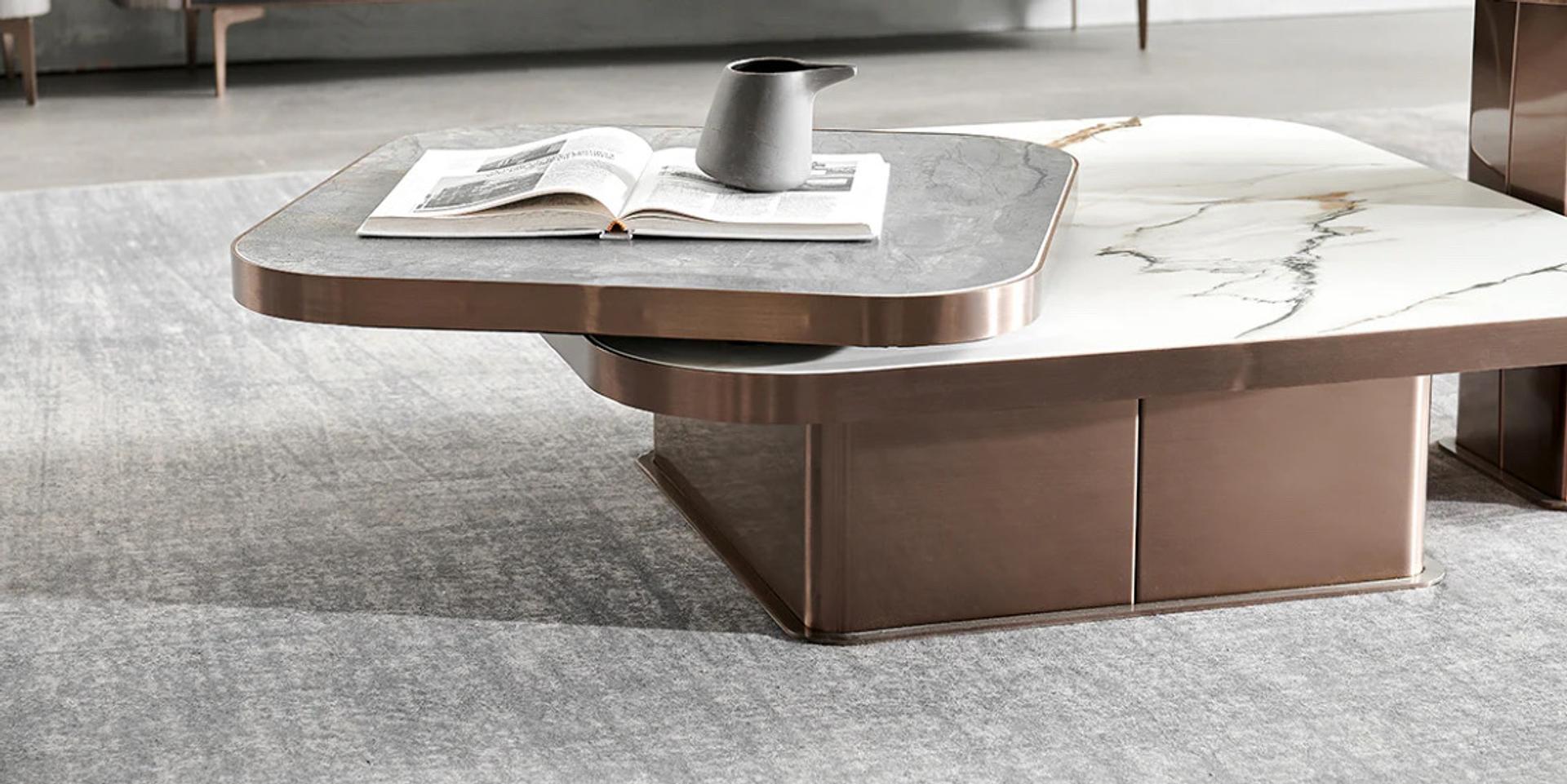 decoración y accesorios - MESA DE CENTRO ILUMEL CON TOPE EN CERAMICA GRIS Y BLANCO BASE TONALIDAD MARRON 2
