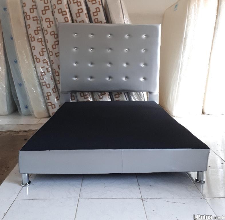 muebles y colchones - Base de Cama Tapizada y Espaldar Negra