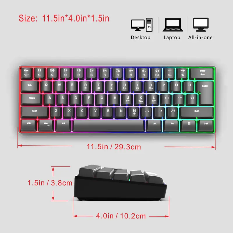 accesorios para electronica - Teclado Luminoso Gamer USB De Juego RGB, Mini 60%  4