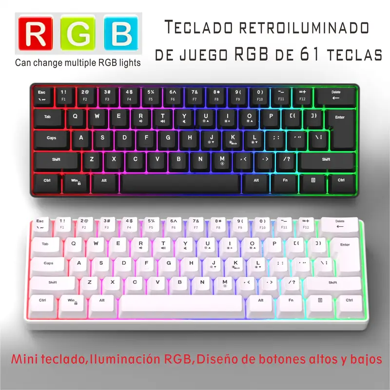 accesorios para electronica - Teclado Luminoso Gamer USB De Juego RGB, Mini 60%  5