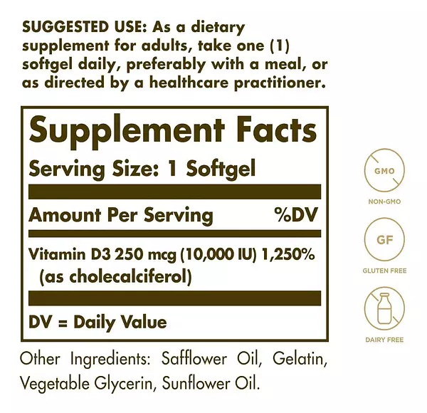 Salud y Equipamiento Médico - Vitamina D3 (colecalciferol) 10,000 Iu Solgar -120 Cápsulas 2