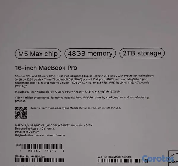 computadoras y laptops - MacBook Pro 16.2” M5 Max – 48GB RAM / 2TB SSD (Black) 
 2