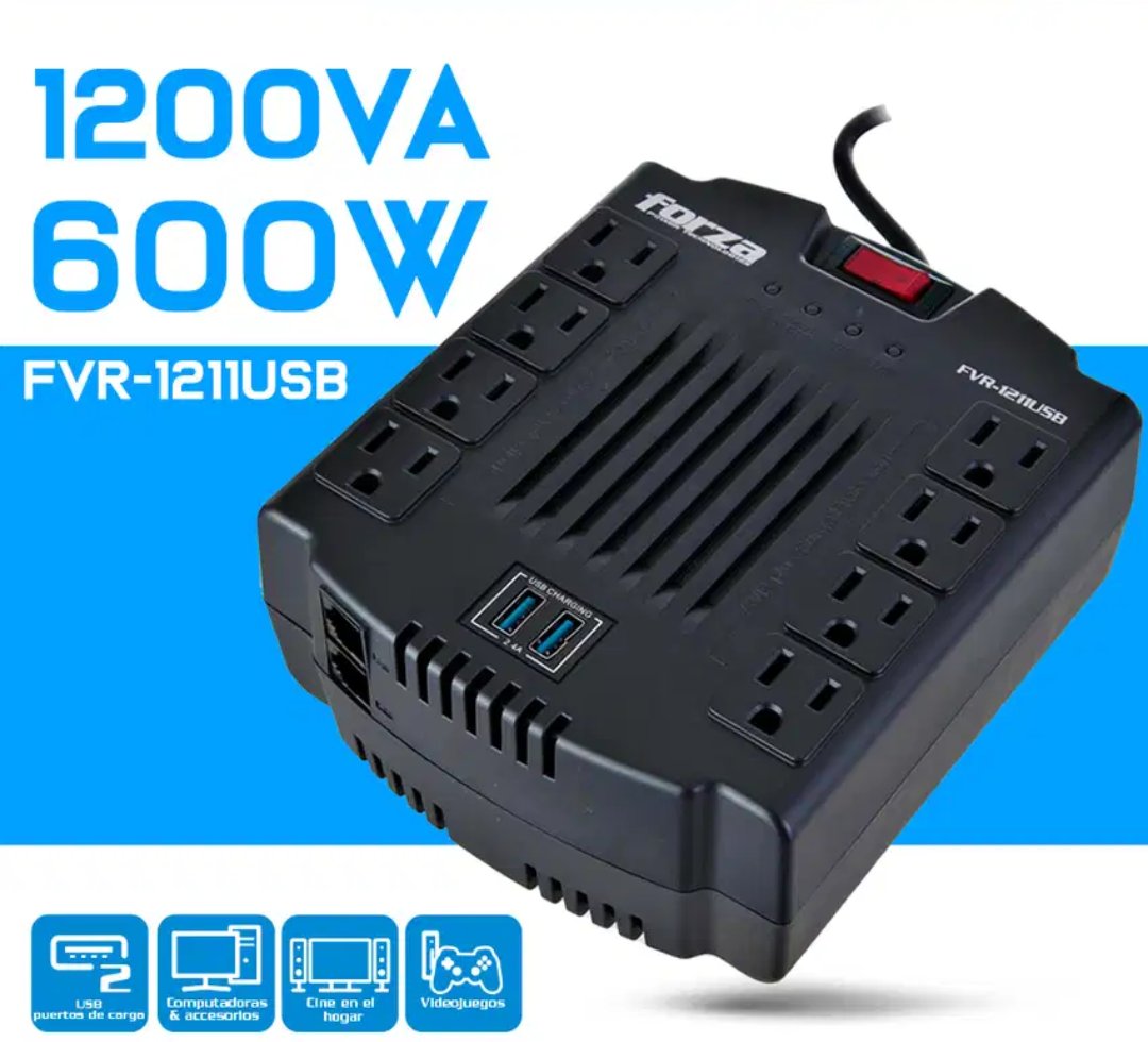 computadoras y laptops - REGULADOR DE VOLTAJE FORZA 1200VA, REGLETA 8 SALIDAS + 2 PUERTOS USB 110V/600W/3 0