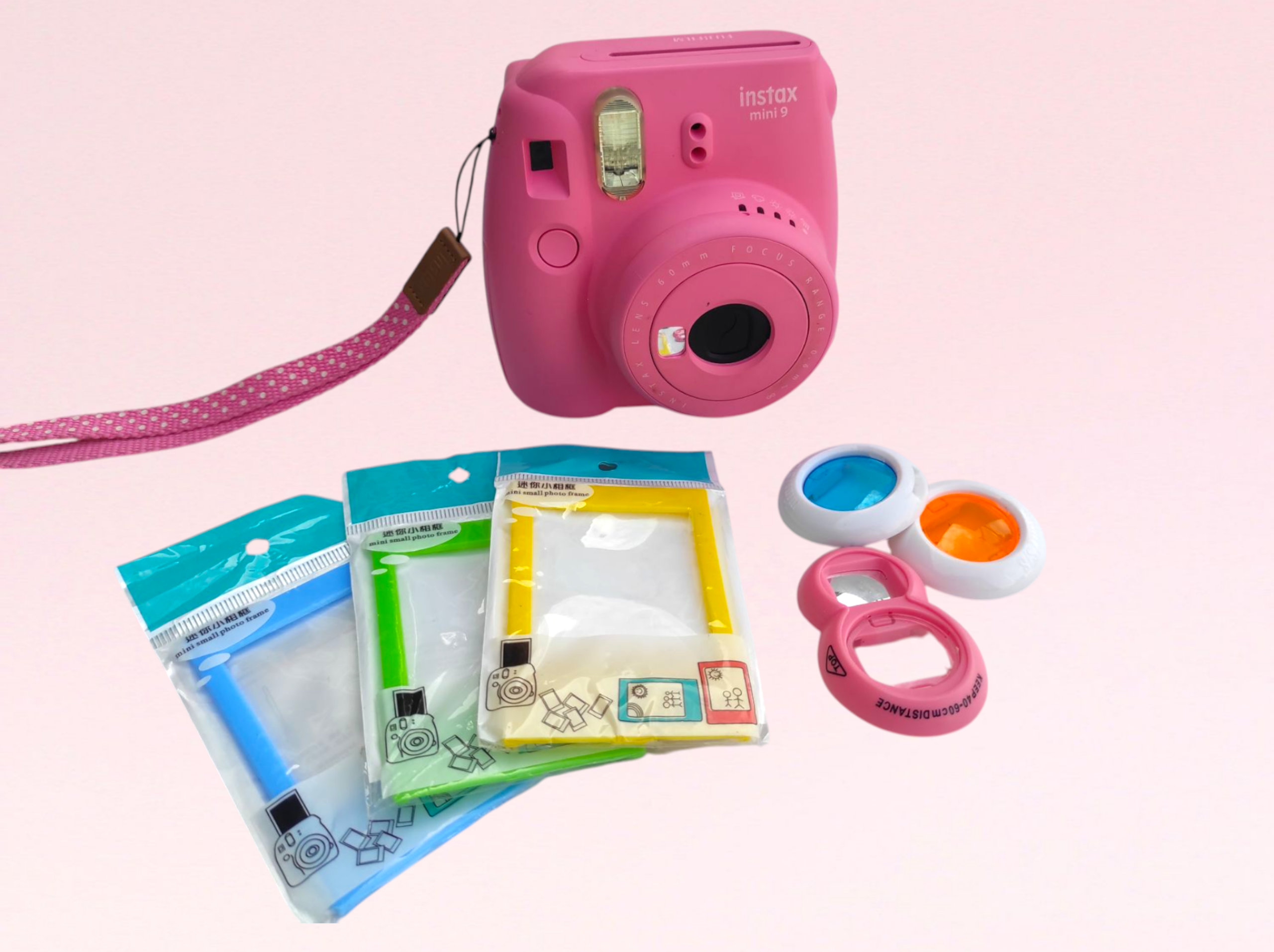 camaras y audio - Fujifilm Instax Mini 9 Rosa + Accesorios (Usada/Como Nueva) Cámara Instantánea 
