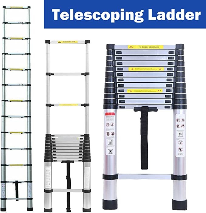 herramientas, jardines y exterior - Escalera telescópica de aluminio de 12.5 pies de extensión retractil multiusos