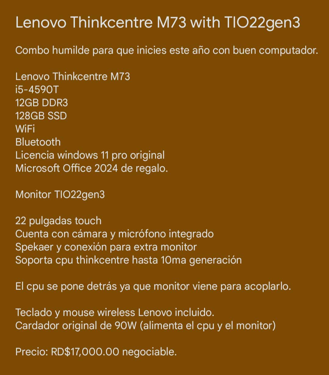 computadoras y laptops - Combo Lenovo ThinkCentre M73 con monitor Toch Lenovo. 4
