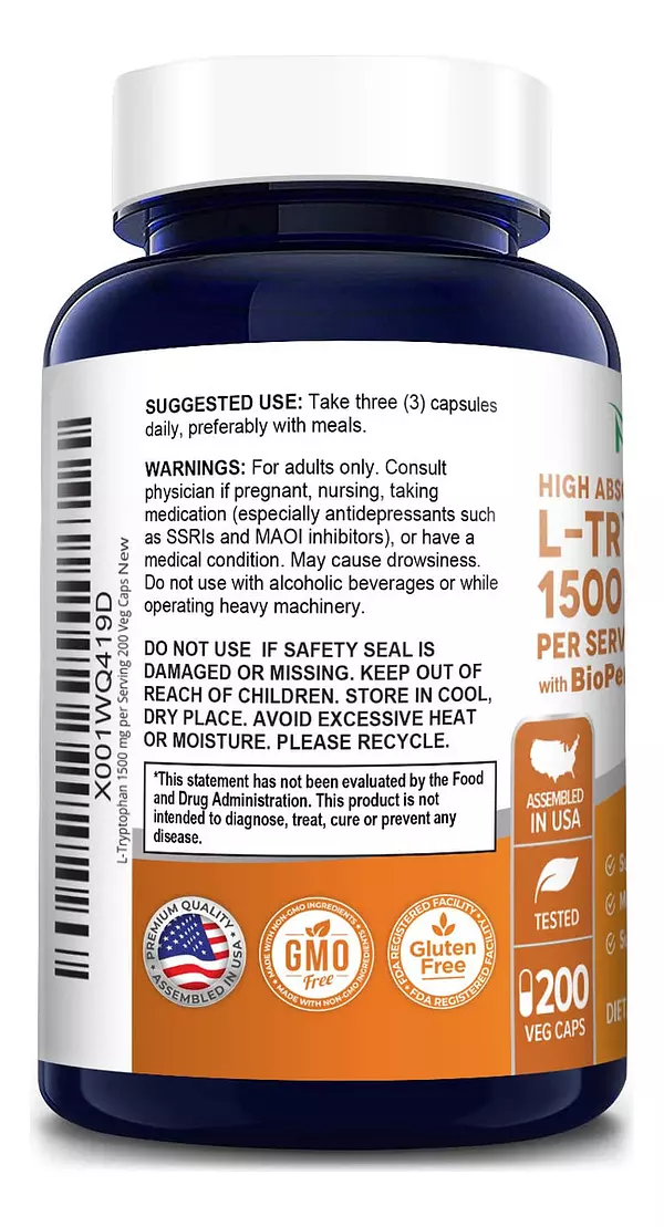 Salud y Equipamiento Médico - L-triptofano 1500mg Con Bioperine 200cap Nusapure 3